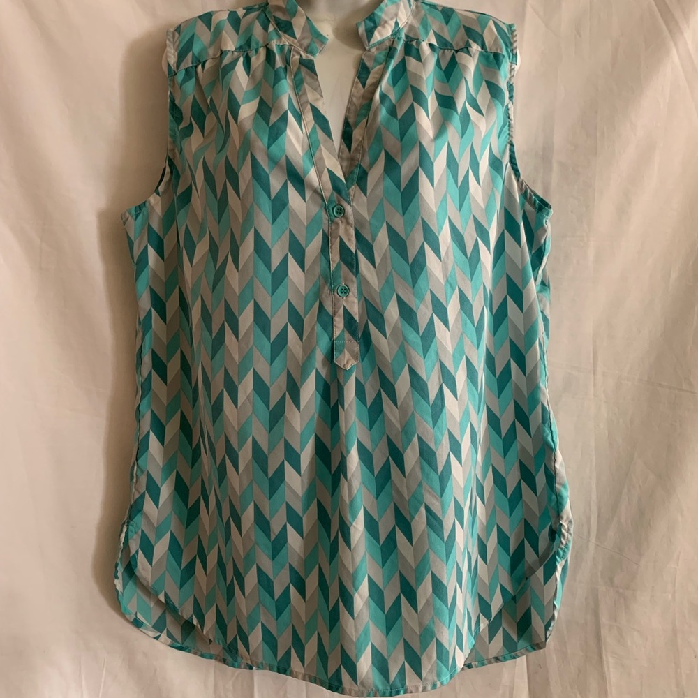 Tacera Teal and White Chevron Blouse L